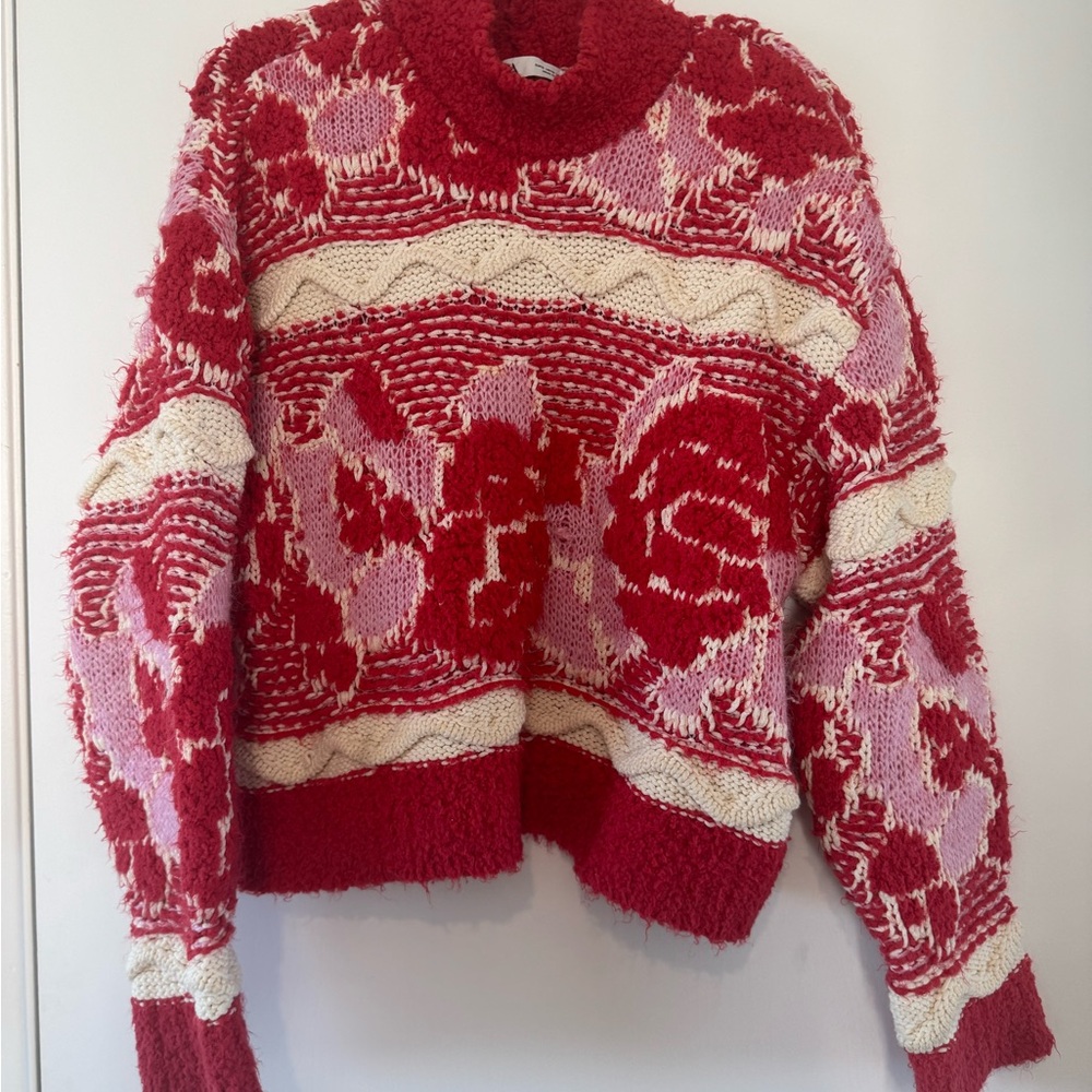 Floral Knit Sweater - Red and Pink
